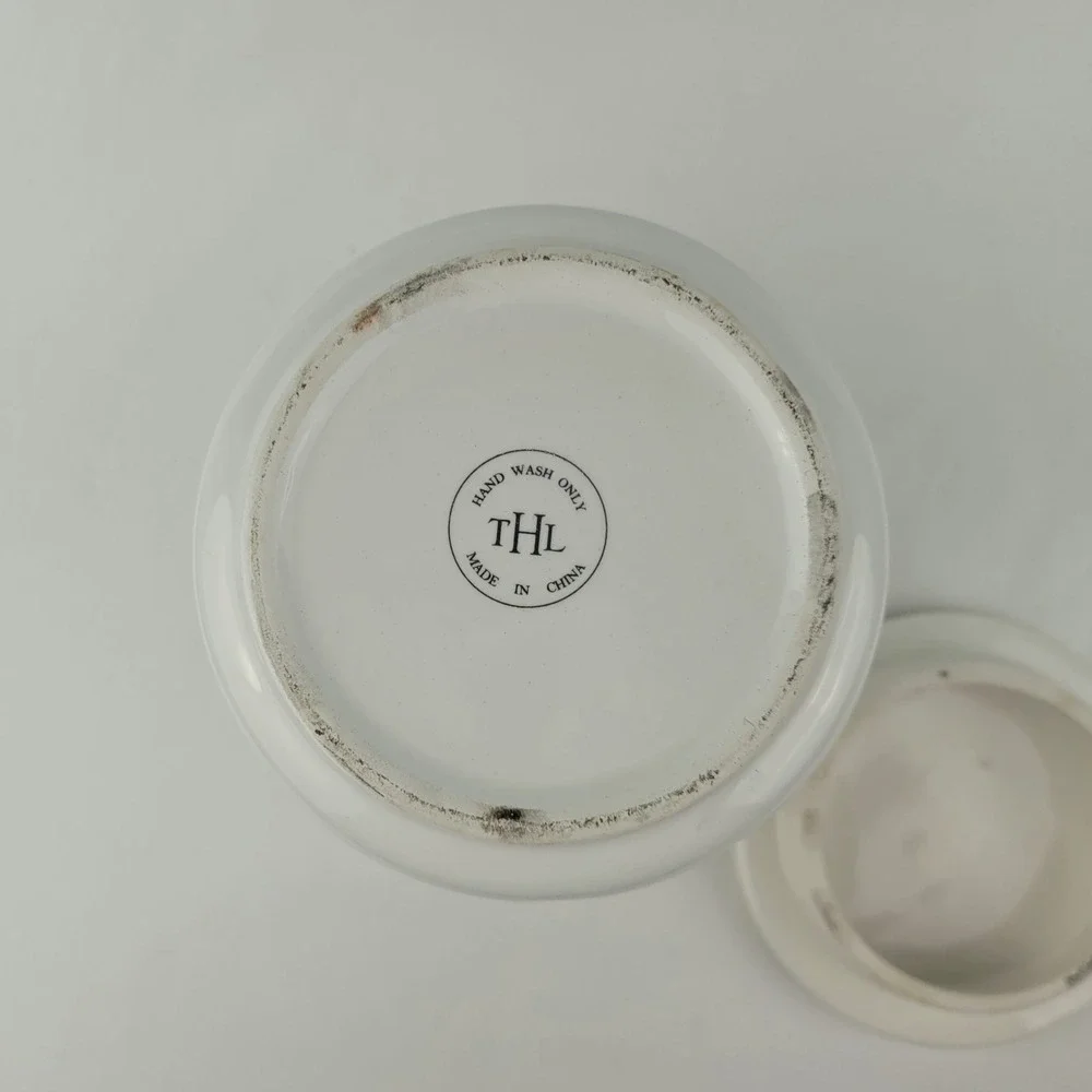THL White Ceramic Coffee Canister Embossed Quatrefoil Brass Plaque Farmhouse